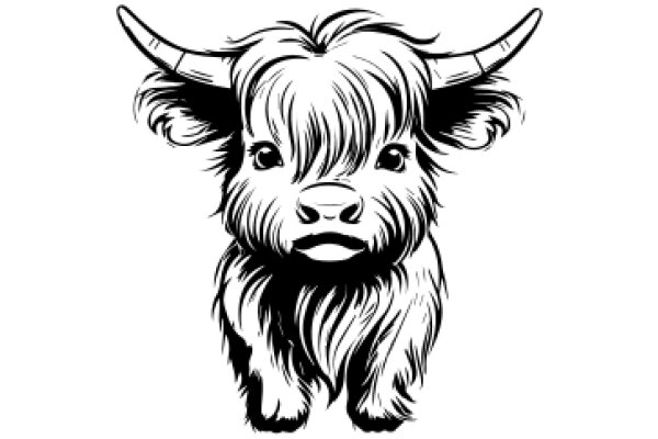 Stylized Illustration of a Highland Cow with Horns and a Serious Expression