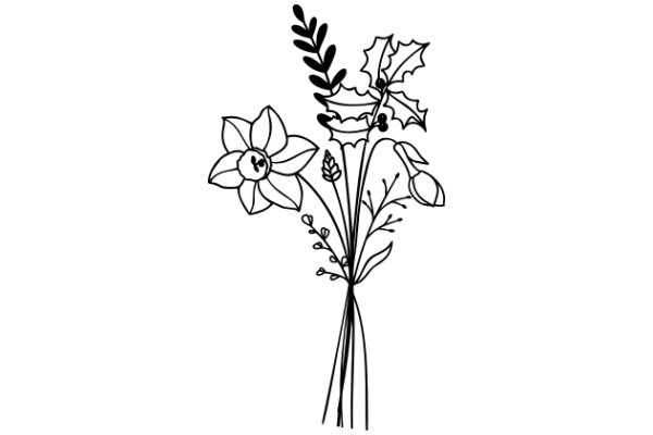 A Whimsical Floral Arrangement: A Line Drawing