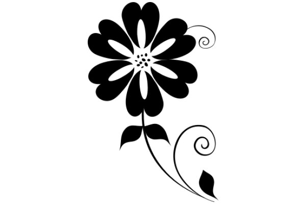 Stylized Black Flower with Curved Leaves and Stem