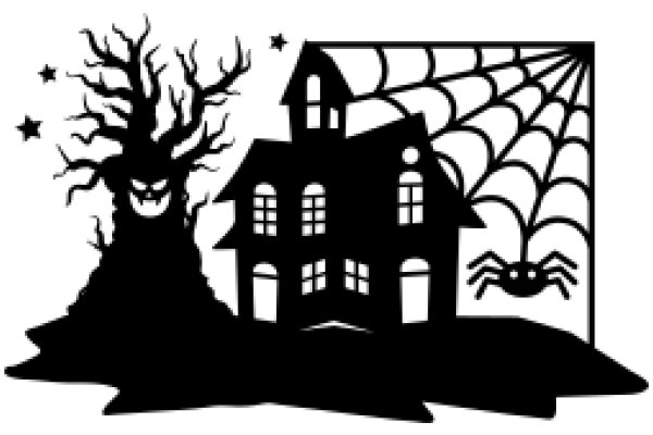 A Silhouette Scene of Halloween: A House, Tree, and Spider Web