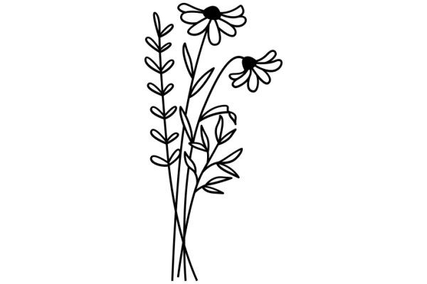 Line Drawing of Daisies and Fern