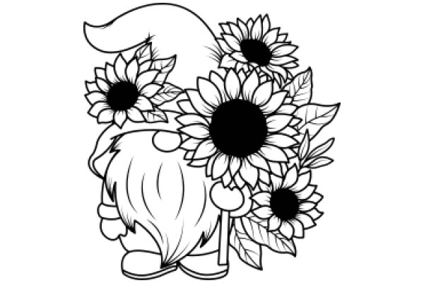 A Whimsical Illustration of a Character Surrounded by Sunflowers