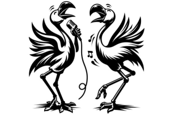 A Musical Duet: Two Stylized Birds with a Microphone and a Musical Note