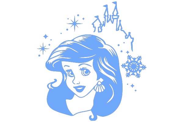 A Whimsical Winter Scene with a Blue-Haired Princess and Snowflakes