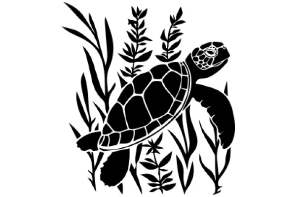 Silhouette of a Turtle Surrounded by Aquatic Plants