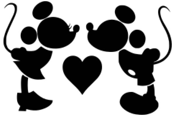 Silhouette of Mickey Mouse and Friends, Embracing a Heart