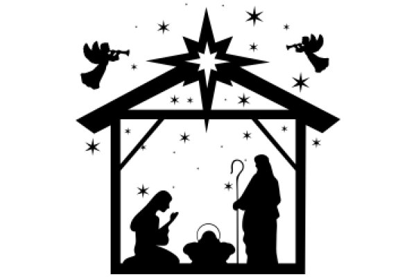 Silhouette of a Nativity Scene with Stars and Angels