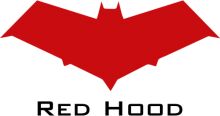 Red Bat Symbol with the Text 'Red Hood' Below It